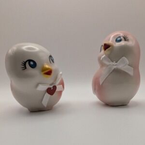 Vintage Style Pink Red Ceramic Anthropomorphic Bird Figurines Set of 2 Lovebirds